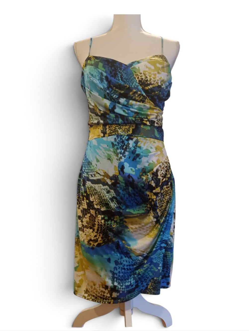 Y2K Bisou Bisou Abstract Snake Design Green Blue Hues Bodycon Mini Dress Size 10
